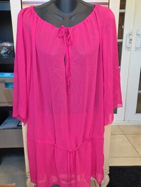 Women’s Fuchsia Peasant Dress Cover-up with Tie Detail
